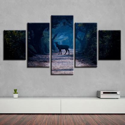 Blue Forest Animal Deer 5 Piece HD Multi Panel Canvas Wall Art Frame-Original Frame