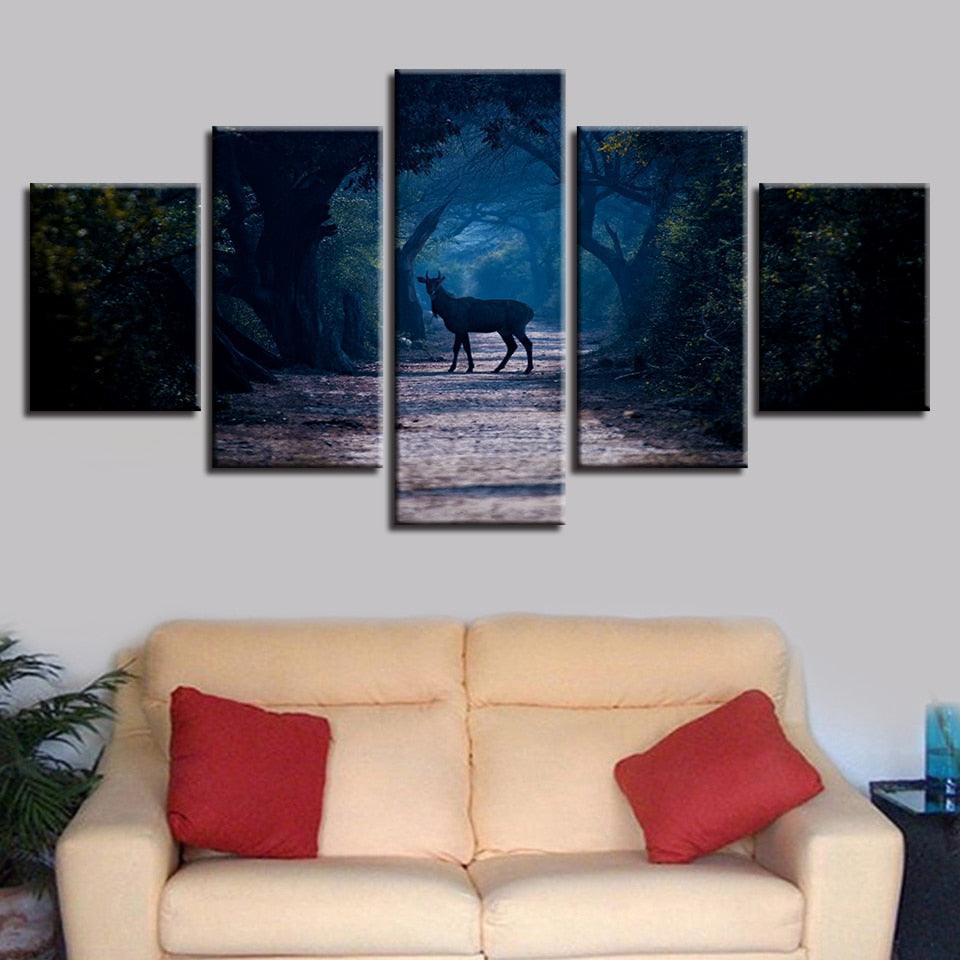 Blue Forest Animal Deer 5 Piece HD Multi Panel Canvas Wall Art Frame-Original Frame