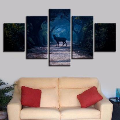 Blue Forest Animal Deer 5 Piece HD Multi Panel Canvas Wall Art Frame-Original Frame