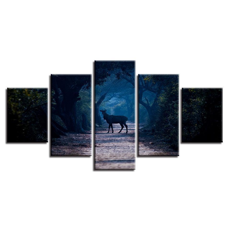 Blue Forest Animal Deer 5 Piece HD Multi Panel Canvas Wall Art Frame-Original Frame