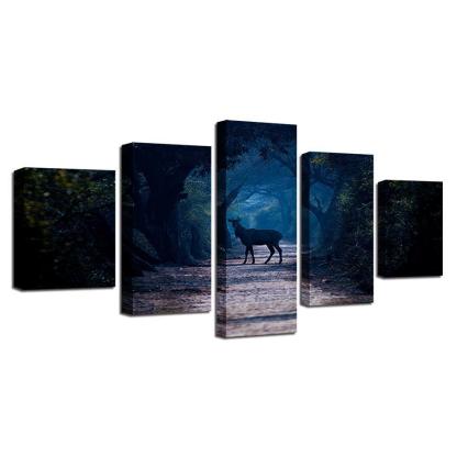 Blue Forest Animal Deer 5 Piece HD Multi Panel Canvas Wall Art Frame-Original Frame