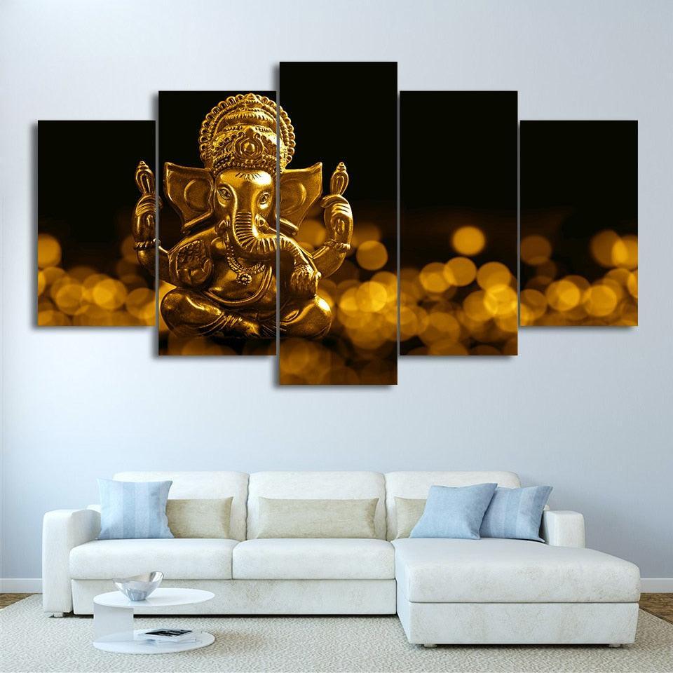 Lord Ganesha Statue 5 Piece HD Multi Panel Canvas Wall Art Frame-Original Frame