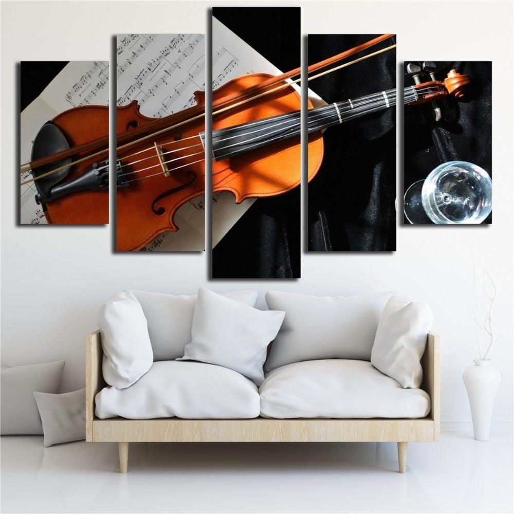 Violin And Music Notation 5 Piece HD Multi Panel Canvas Wall Art Frame-Original Frame