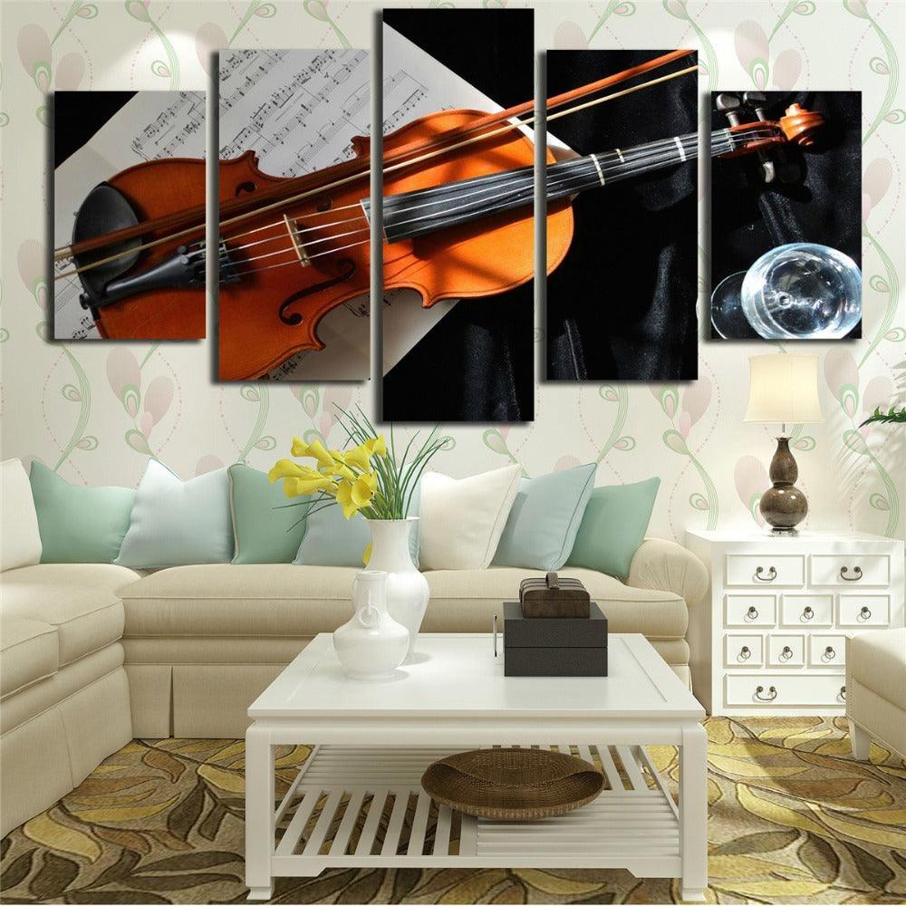 Violin And Music Notation 5 Piece HD Multi Panel Canvas Wall Art Frame-Original Frame