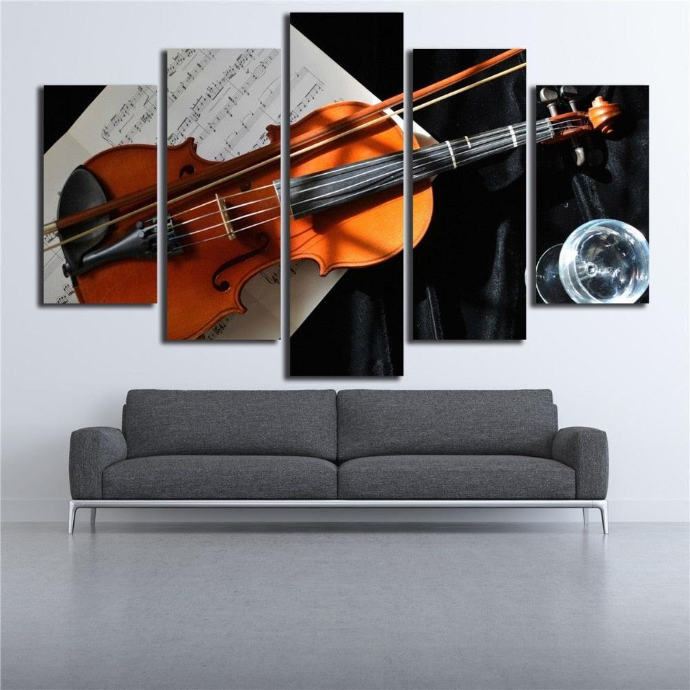 Violin And Music Notation 5 Piece HD Multi Panel Canvas Wall Art Frame-Original Frame