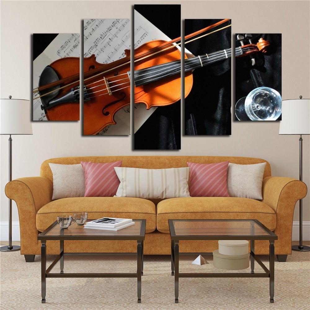 Violin And Music Notation 5 Piece HD Multi Panel Canvas Wall Art Frame-Original Frame