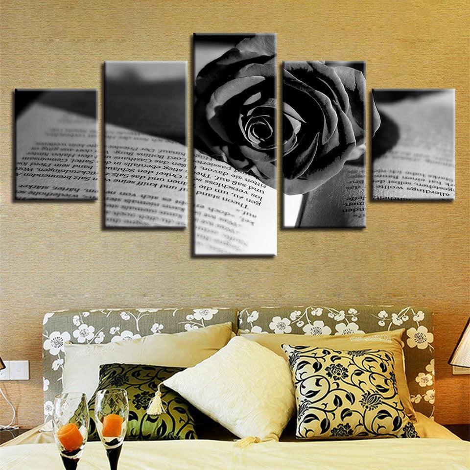 Black Rose And Book 5 Piece HD Multi Panel Canvas Wall Art Frame-Original Frame