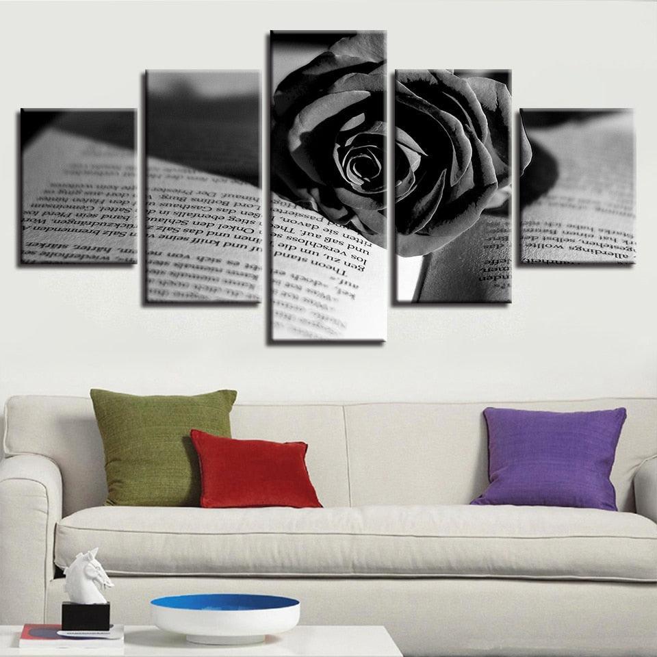 Black Rose And Book 5 Piece HD Multi Panel Canvas Wall Art Frame-Original Frame