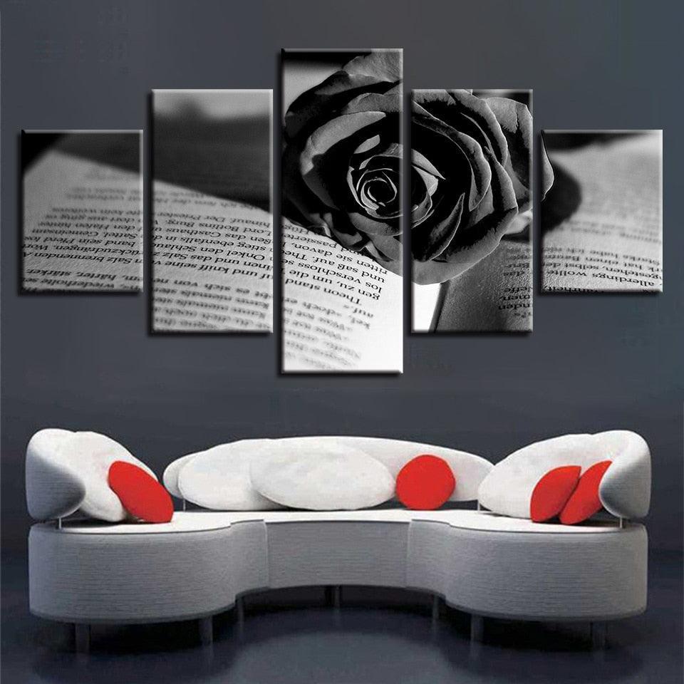 Black Rose And Book 5 Piece HD Multi Panel Canvas Wall Art Frame-Original Frame