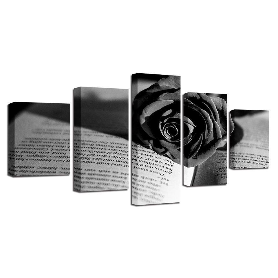 Black Rose And Book 5 Piece HD Multi Panel Canvas Wall Art Frame-Original Frame