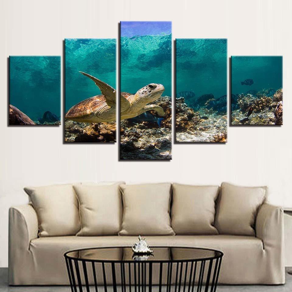 Sea Turtle 5 Piece HD Multi Panel Canvas Wall Art Frame-Original Frame