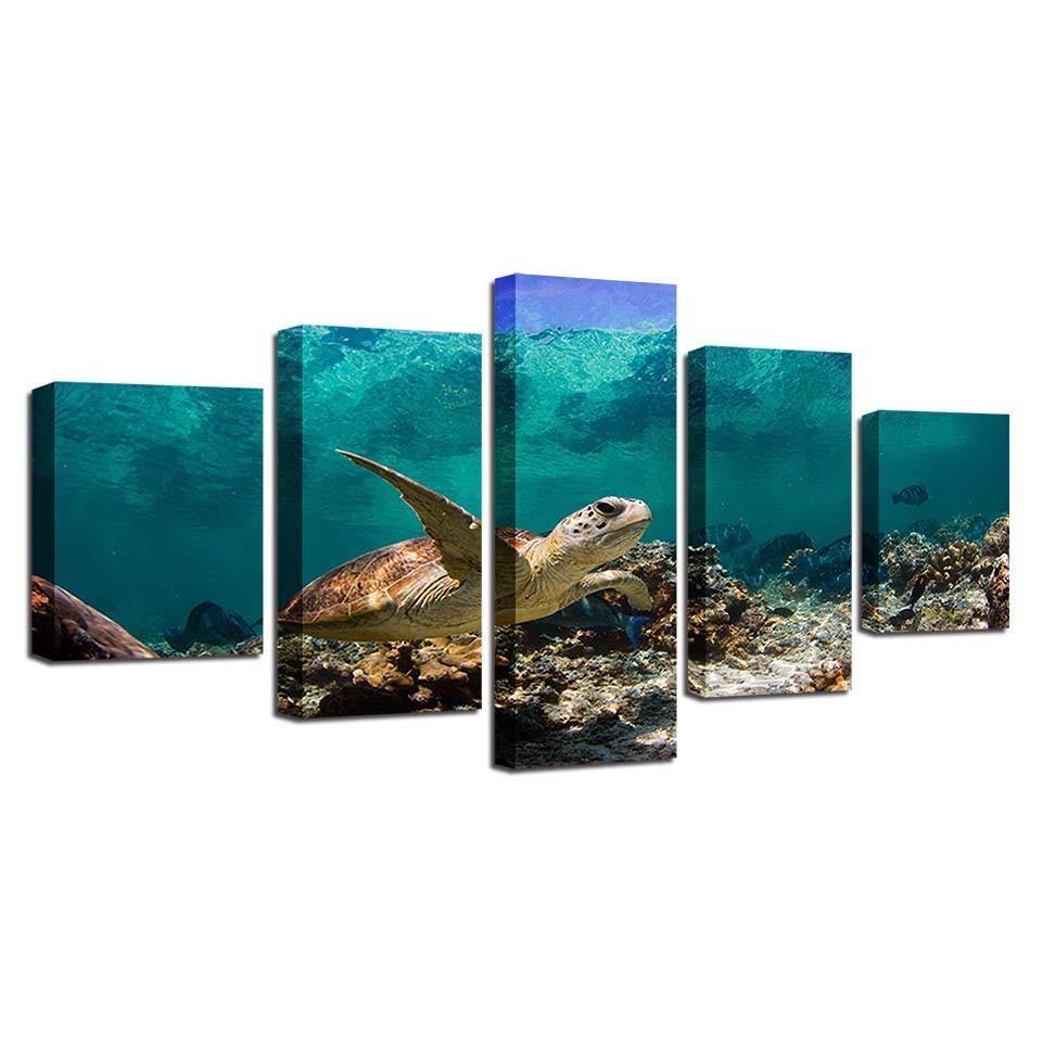 Sea Turtle 5 Piece HD Multi Panel Canvas Wall Art Frame-Original Frame