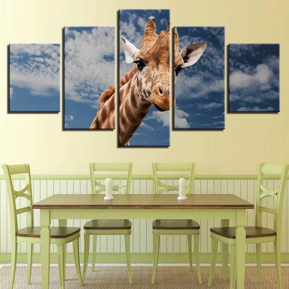 Giraffe Blue Sky And White Clouds 5 Piece HD Multi Panel Canvas Wall Art Frame-Original Frame