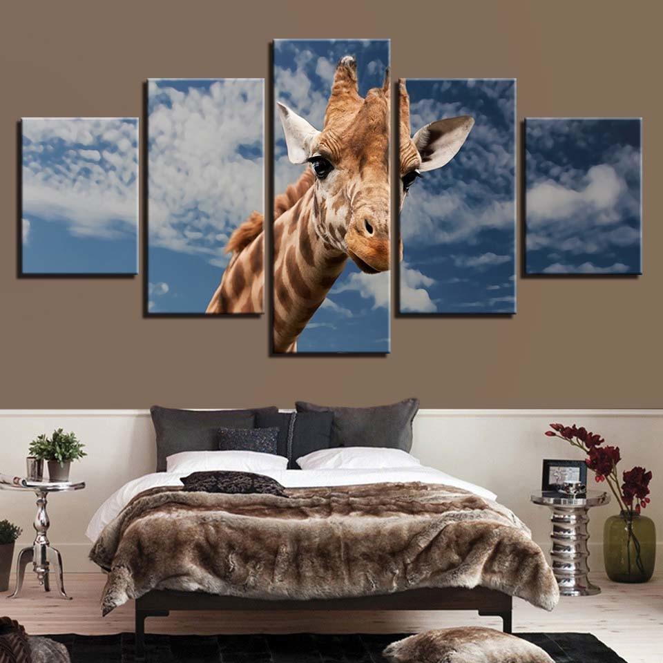 Giraffe Blue Sky And White Clouds 5 Piece HD Multi Panel Canvas Wall Art Frame-Original Frame