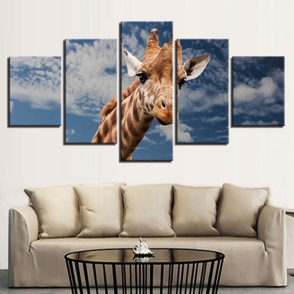 Giraffe Blue Sky And White Clouds 5 Piece HD Multi Panel Canvas Wall Art Frame-Original Frame