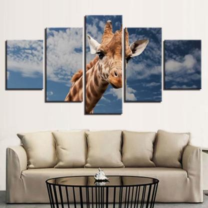 Giraffe Blue Sky And White Clouds 5 Piece HD Multi Panel Canvas Wall Art Frame-Original Frame