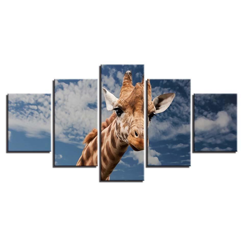 Giraffe Blue Sky And White Clouds 5 Piece HD Multi Panel Canvas Wall Art Frame-Original Frame
