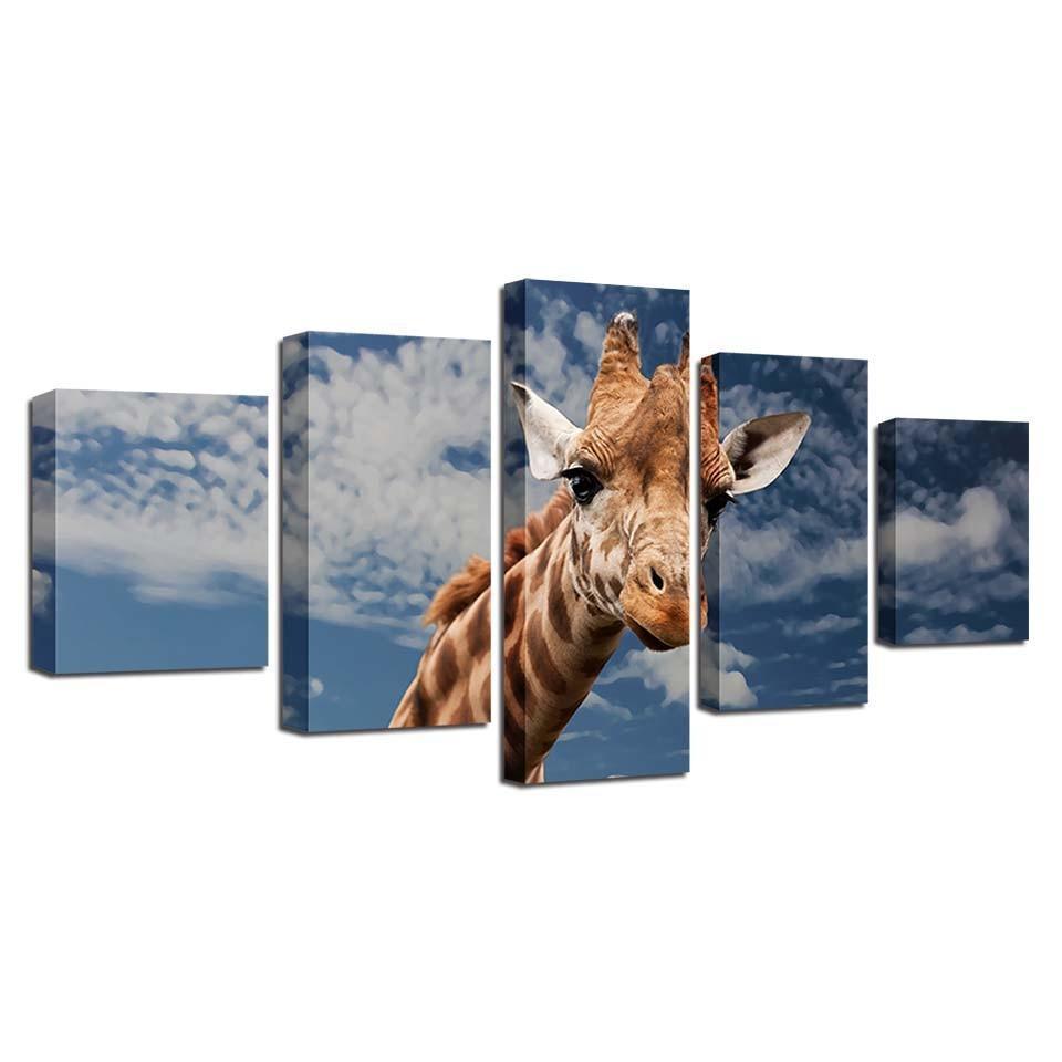 Giraffe Blue Sky And White Clouds 5 Piece HD Multi Panel Canvas Wall Art Frame-Original Frame