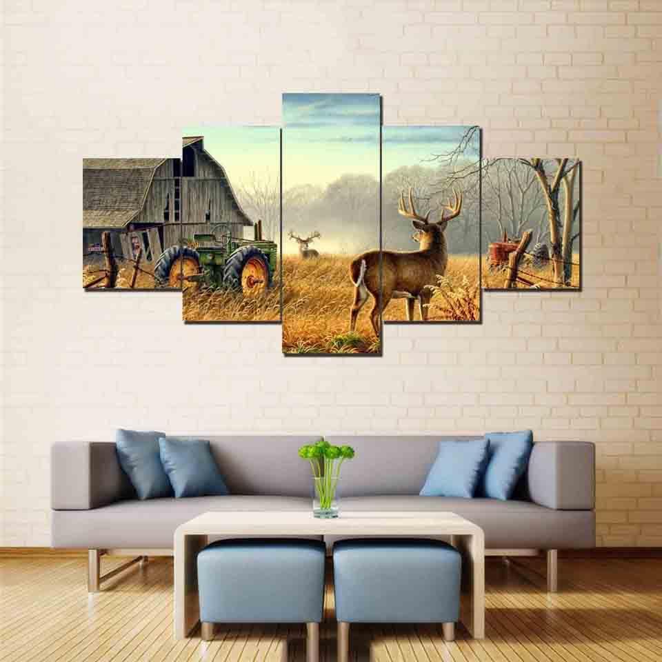 Deer On The Farm 5 Piece HD Multi Panel Canvas Wall Art Frame-Original Frame