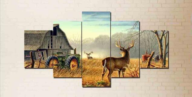 Deer On The Farm 5 Piece HD Multi Panel Canvas Wall Art Frame-Original Frame
