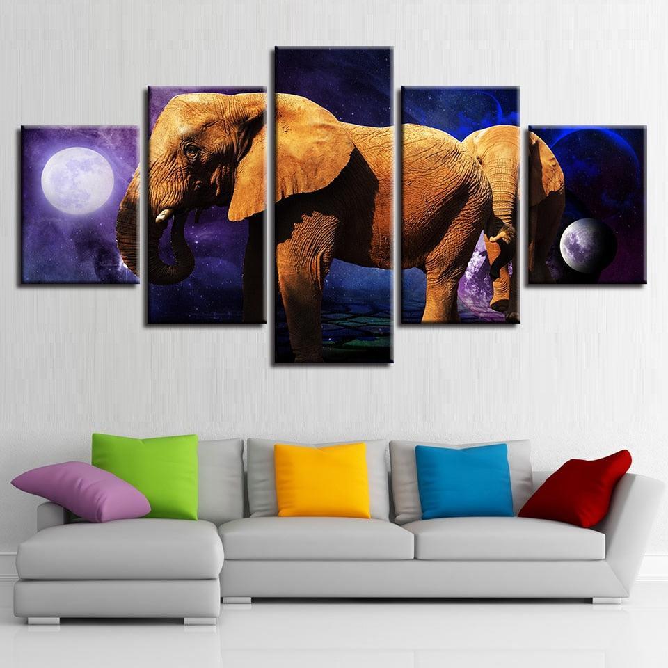 Planet Animals Elephants Night 5 Piece HD Multi Panel Canvas Wall Art-Original Frame