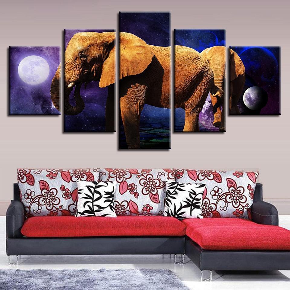 Planet Animals Elephants Night 5 Piece HD Multi Panel Canvas Wall Art-Original Frame
