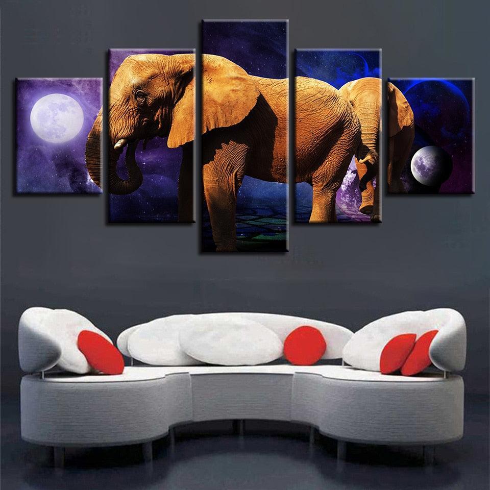 Planet Animals Elephants Night 5 Piece HD Multi Panel Canvas Wall Art-Original Frame