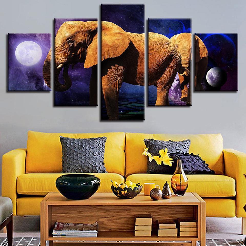 Planet Animals Elephants Night 5 Piece HD Multi Panel Canvas Wall Art-Original Frame