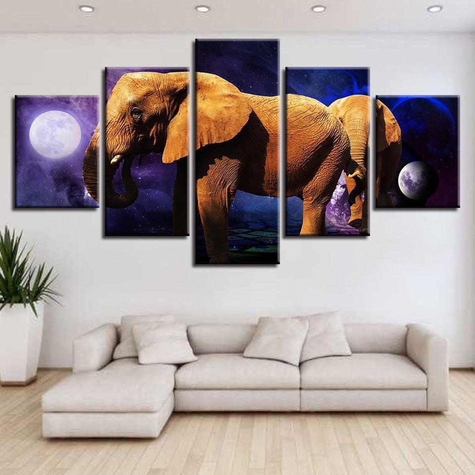 Planet Animals Elephants Night 5 Piece HD Multi Panel Canvas Wall Art-Original Frame