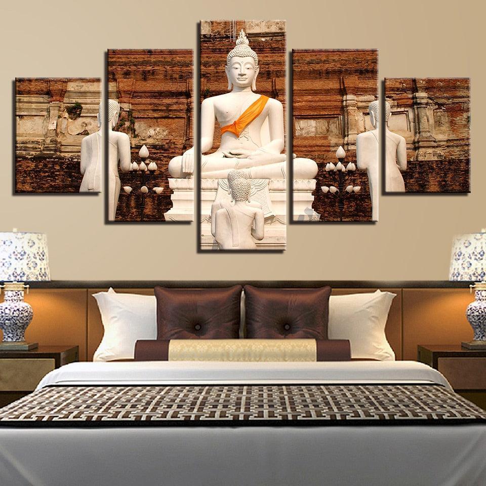 White Buddha 5 Piece HD Multi Panel Canvas Wall Art Frame-Original Frame