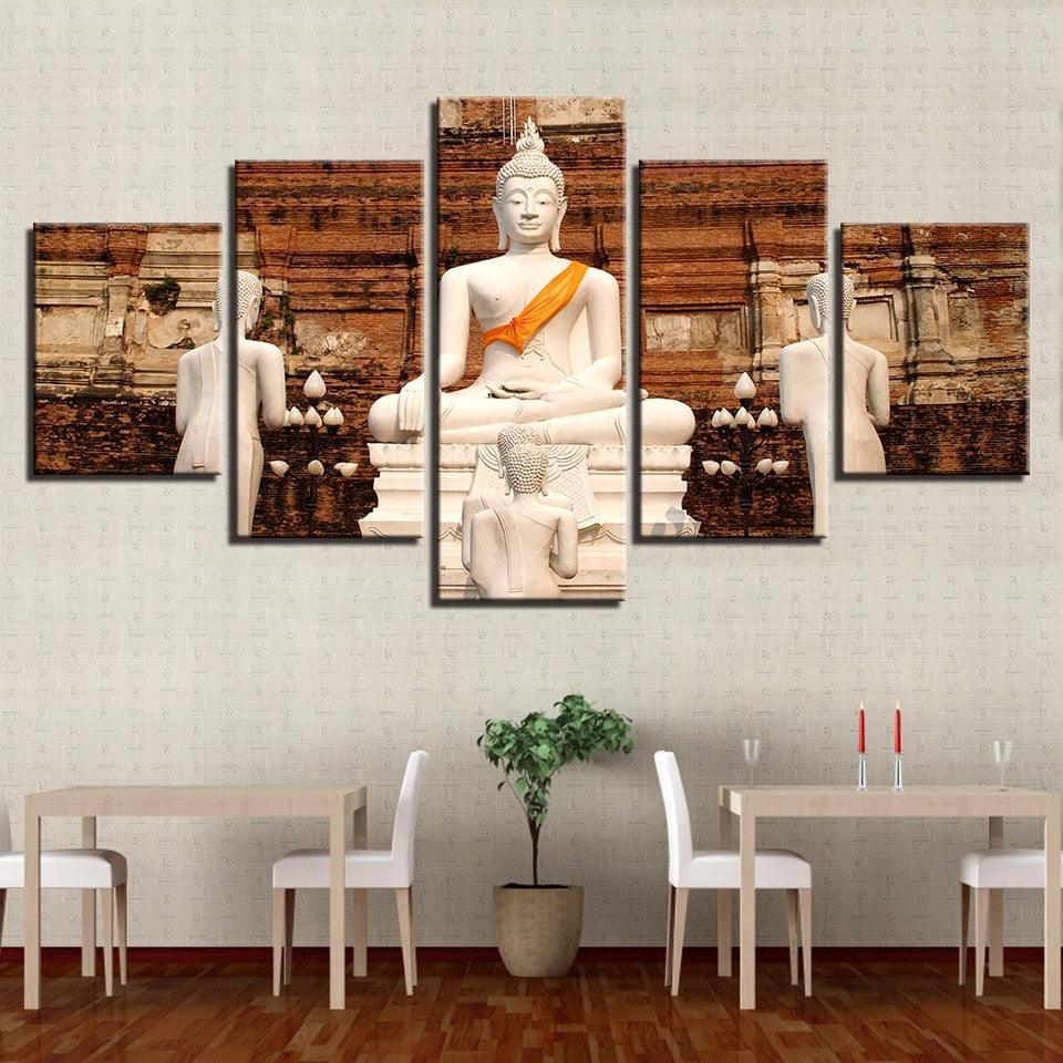 White Buddha 5 Piece HD Multi Panel Canvas Wall Art Frame-Original Frame