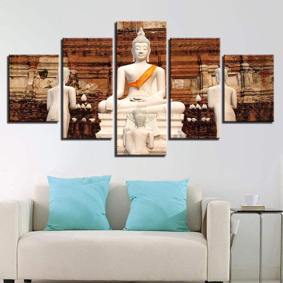 White Buddha 5 Piece HD Multi Panel Canvas Wall Art Frame-Original Frame