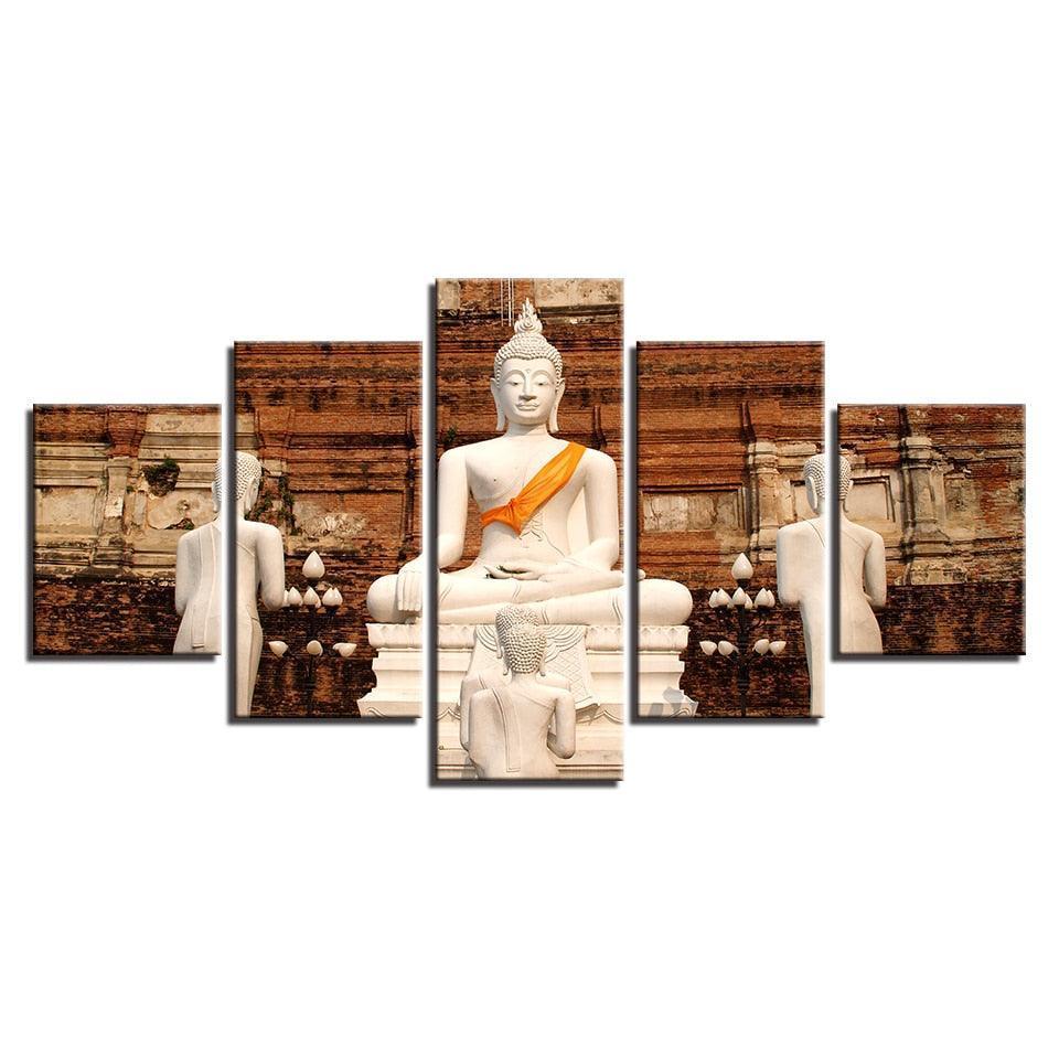 White Buddha 5 Piece HD Multi Panel Canvas Wall Art Frame-Original Frame