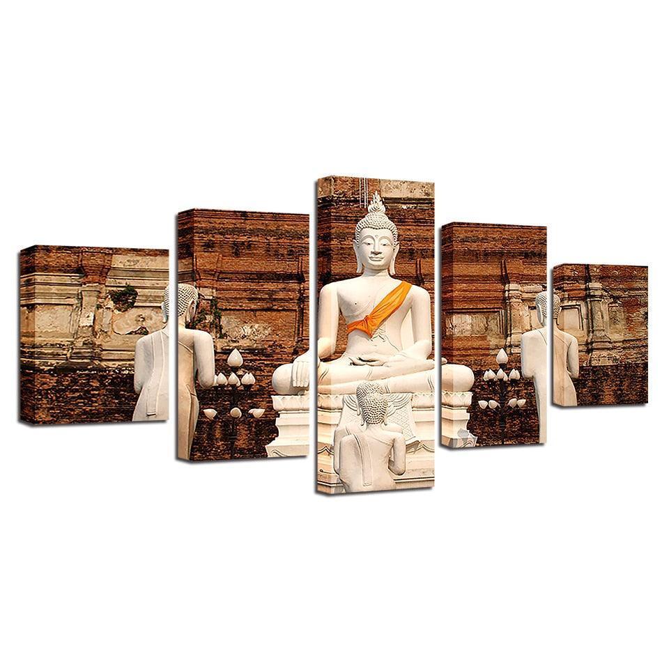 White Buddha 5 Piece HD Multi Panel Canvas Wall Art Frame-Original Frame