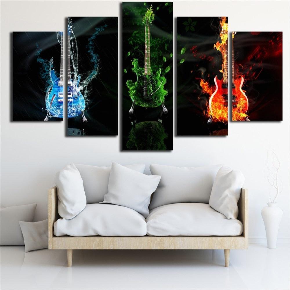 Fire Water Earth Guitars 5 Piece HD Multi Panel Canvas Wall Art Frame-Original Frame