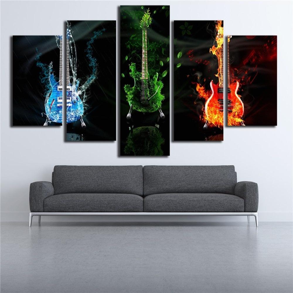 Fire Water Earth Guitars 5 Piece HD Multi Panel Canvas Wall Art Frame-Original Frame