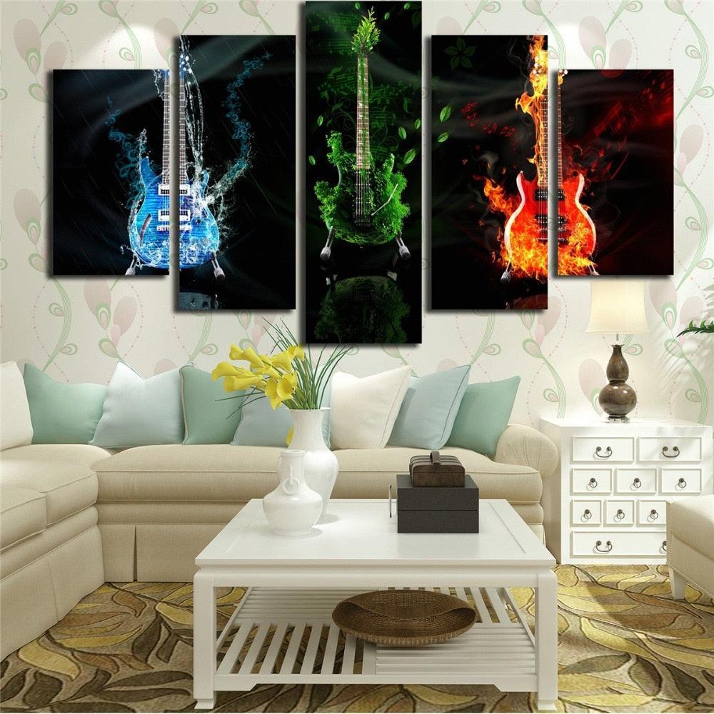 Fire Water Earth Guitars 5 Piece HD Multi Panel Canvas Wall Art Frame-Original Frame