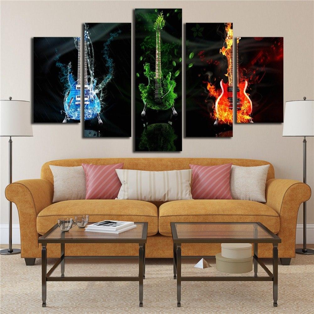 Fire Water Earth Guitars 5 Piece HD Multi Panel Canvas Wall Art Frame-Original Frame