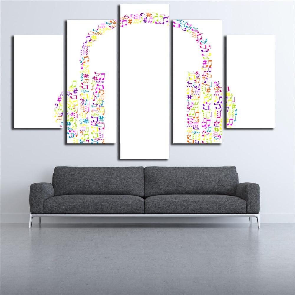 Music Notes Headphones 5 Piece HD Multi Panel Canvas Wall Art Frame-Original Frame
