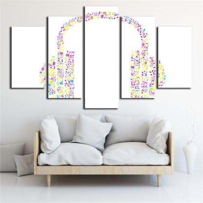 Music Notes Headphones 5 Piece HD Multi Panel Canvas Wall Art Frame-Original Frame