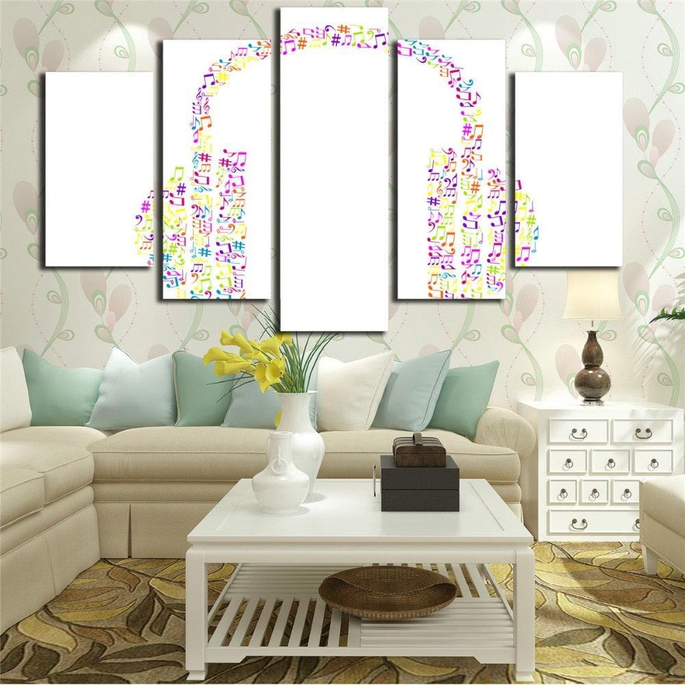 Music Notes Headphones 5 Piece HD Multi Panel Canvas Wall Art Frame-Original Frame