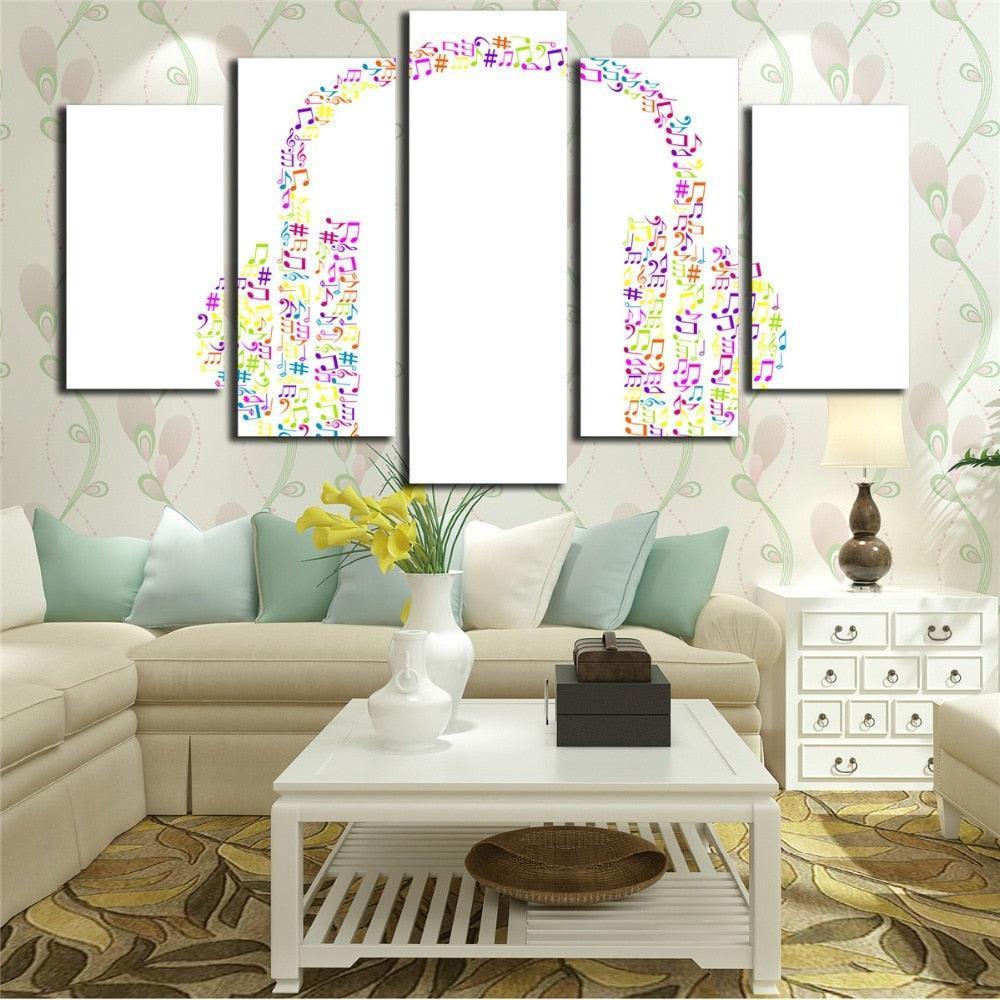 Music Notes Headphones 5 Piece HD Multi Panel Canvas Wall Art Frame-Original Frame