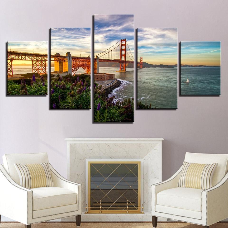 Golden Gate Bridge 5 Piece HD Multi Panel Canvas Wall Art Frame-Original Frame