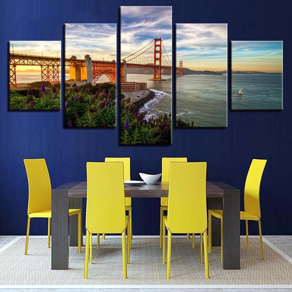 Golden Gate Bridge 5 Piece HD Multi Panel Canvas Wall Art Frame-Original Frame
