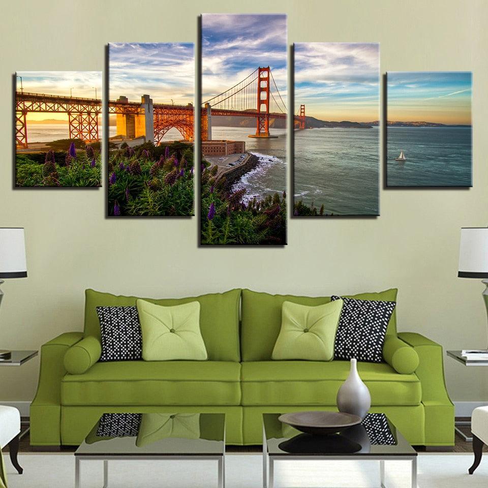 Golden Gate Bridge 5 Piece HD Multi Panel Canvas Wall Art Frame-Original Frame