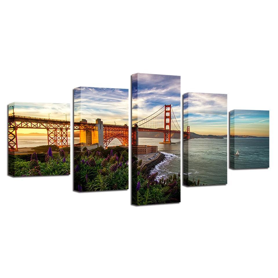 Golden Gate Bridge 5 Piece HD Multi Panel Canvas Wall Art Frame-Original Frame