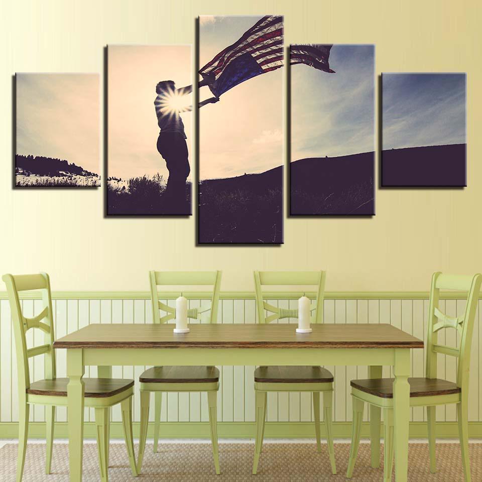 Flying American Flag 5 Piece HD Multi Panel Canvas Wall Art Frame-Original Frame