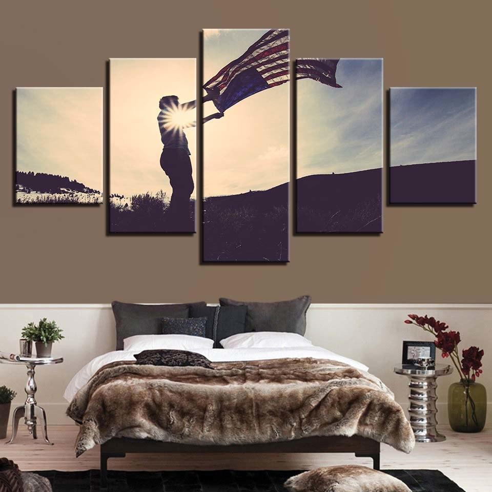 Flying American Flag 5 Piece HD Multi Panel Canvas Wall Art Frame-Original Frame