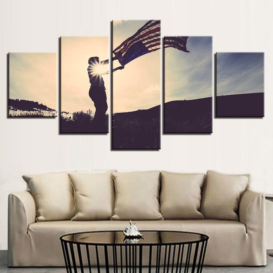 Flying American Flag 5 Piece HD Multi Panel Canvas Wall Art Frame-Original Frame