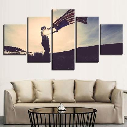 Flying American Flag 5 Piece HD Multi Panel Canvas Wall Art Frame-Original Frame